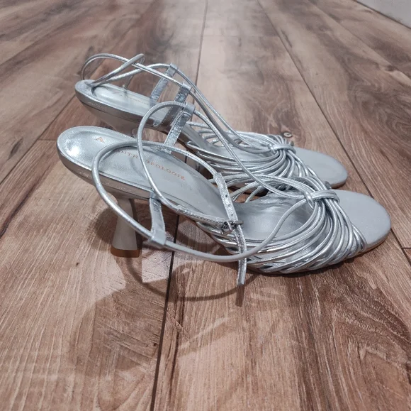 Anthropologie Silver Strappy Sandal Heels - Picture 5 of 11